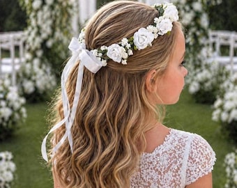 White Flower girl crown, Floral Headband, first communion hair wreath, wedding headpiece