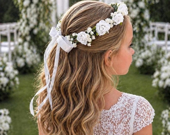White Flower girl crown, Floral Headband, first communion hair wreath, wedding headpiece