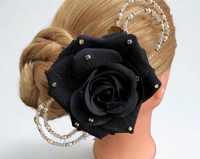 Black Velvet Rose Ballet Headpiece: Rhinestone Flower Hair Clip