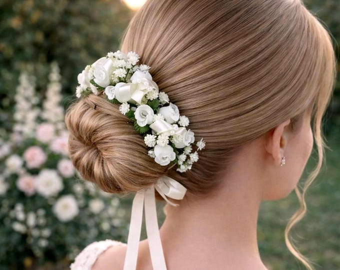 Ivory Floral Bun Crown, Flower Girl Hair Wreath, Floral headpiece, Bridal bunwrap