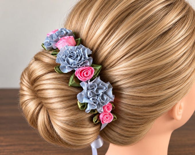 Nutcracker Mouse Hair Flower Accessory, Pink and Gray ballet bun wrap, floral dance hairpiece