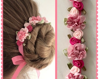 BunFlowerz Petals Pink and Fuchsia Floral BunWreath (pink ballet wrap, pink bun wrap, pink floral hair garland, pink bunwrap, pink bun pin)
