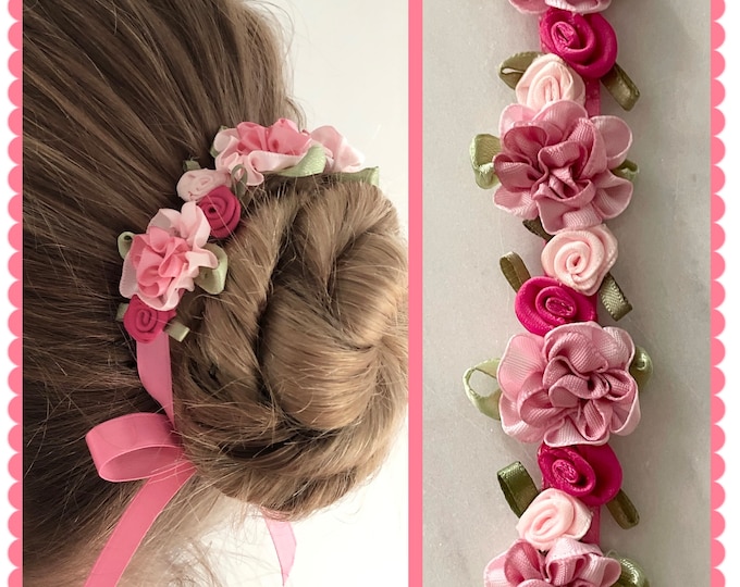 BunFlowerz Petals Pink and Fuchsia Floral BunWreath (pink ballet wrap, pink bun wrap, pink floral hair garland, pink bunwrap, pink bun pin)