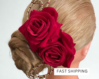 Red Rose Headpiece: Kitri Beaded Hair Flower for ballet, flamenco and latin competition dance