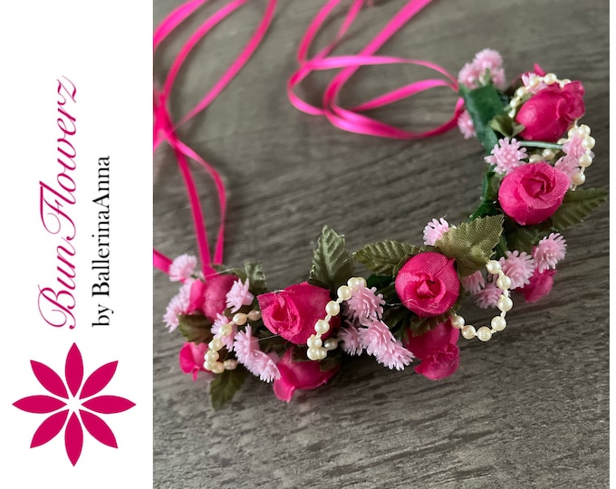 Coppelia YAGP Hair Piece (Swanhilda hair garland, fuchsia flower crown, flower garland, coppelia headpiece, bunwrap, bunflowers, bun garland