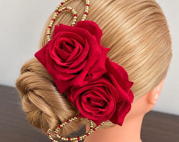 Red Rose Headpiece: Kitri Beaded Hair Flower for ballet, flamenco and latin competition dance