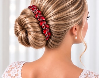 Red Ballet Bun Wrap Rhinestone Hairpiece, Spanish Dance Recital Hair Accessory, Competition Team BunWrap