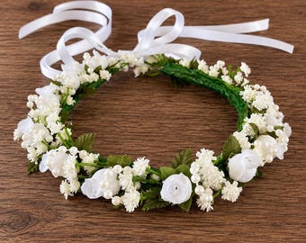 White Rosebud Flower Girl Crown, Pearl Floral Halo, First Communion Hair Wreath