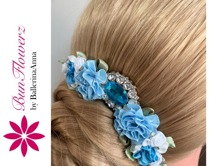 BunFlowerz Bluebird Jewel BunPin (ballet wrap, aquamarine bun pin, turquoise bunflower, turquoise floral hairpiece, hair garland, bun wrap)