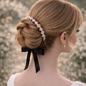 Puede incluir: Peinado femenino con un moño bajo adornado con un adorno floral brillante. Un lazo de satén negro está atado en la nuca. El cabello es castaño claro y el fondo está borroso con luz natural suave.