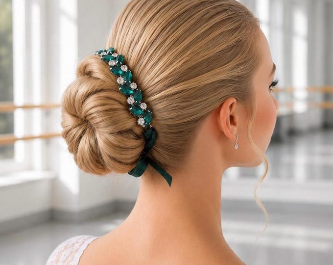 Green Rhinestone Bun Wrap: Esmerelda Ballet Hair Piece, Dance Recital Bunwrap