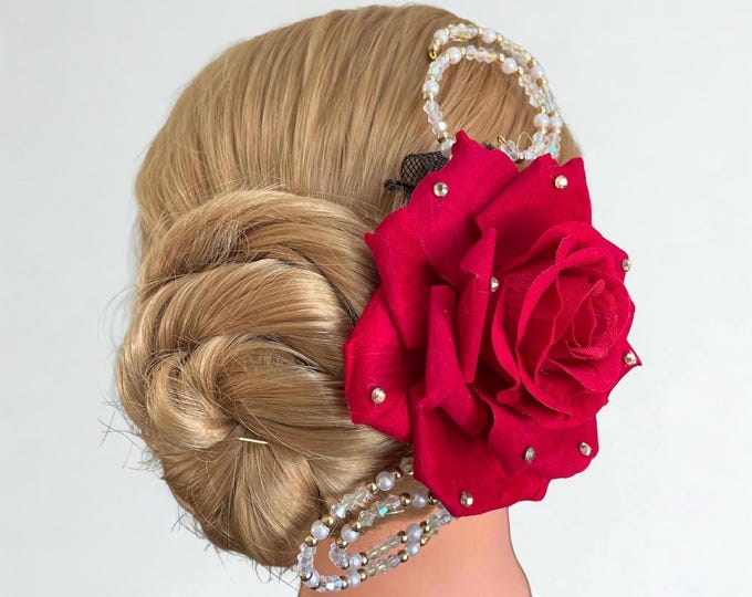 Red Rose Kitri Ballet Headpiece: Paquita Rhinestone Flower Hair Piece