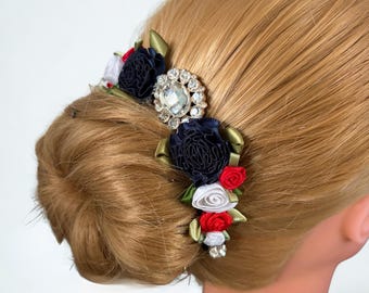 Harlequinade Ballet Bun Pin: Rhinestone & Red, White, Blue Flowers