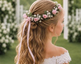 Blush Flower Girl Crown, Pink Floral Wedding Halo with pearls, Boho Hair Wreath