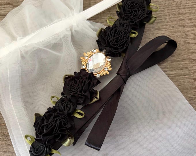 Black Ballet Bun Wrap, Competition Dance Hair Accessory, Rhinestone Floral Hairpiece for Dance Team