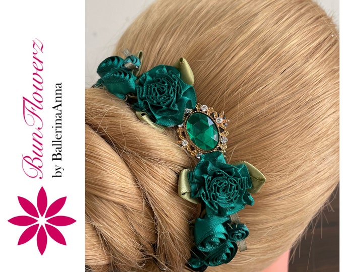 BunFlowerz Esmerelda Green Jewel Bun Pin (green hair garland, bunflowers, Esmerelda Head piece, green ballet wrap, emerald bun crown)