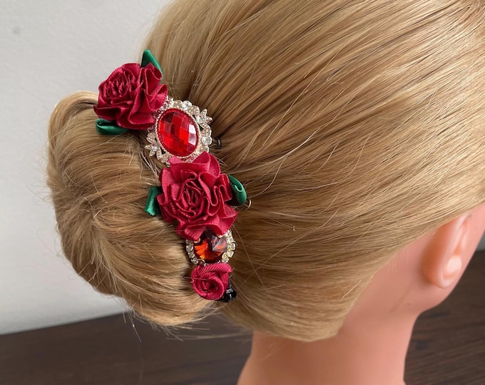 BunFlowerz Paquita Gamzatti 3-Jewel BunPin (burgundy bun pin, burgundy jewel hair piece, paquita ballet wrap, gamzatti hair garland)