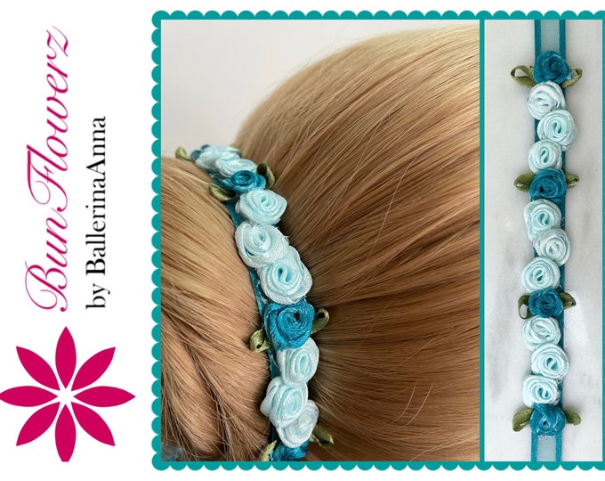 BunFlowerz Turquoise & Blue BunWrap (turquoise ballet wrap, floral hairpiece, hair garland, bun wrap, bun crown, bluebird bunwrap))