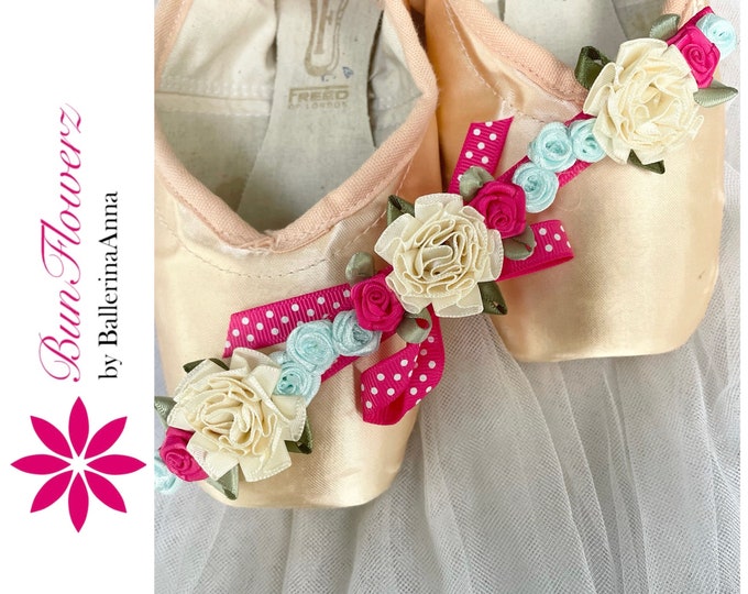 BunFlowerz Spring BunWrap (pink polka-dot ballet wrap, multi-color floral hair garland, pink bun pin, dew drop bun wrap, bun pin)