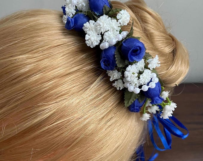 Royal Blue Rose Ballet Hair Garland: YAGP Dance Headpiece