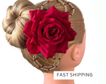 Red Rose Ballet Headpiece: Beaded Spanish Flower Hair Accessory, Dance Competition Hairpiece