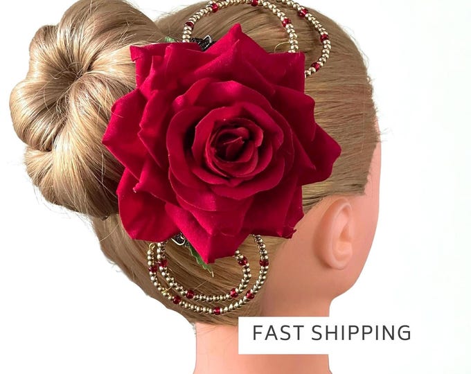 Red Rose Ballet Headpiece: Beaded Spanish Flower Hair Accessory, Dance Competition Hairpiece
