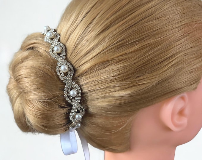 Bridal Pearl Rhinestone Hairpiece – Vintage Crystal Bride Hair Accessory, Wedding Bun Updo Wrap