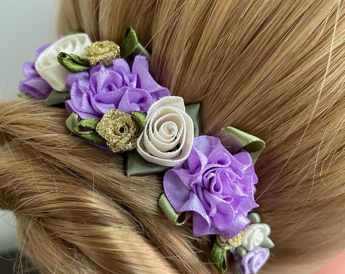 Lavender and Gold BunWreath (waltz of flowers hair, lilac fairy hairpiece)