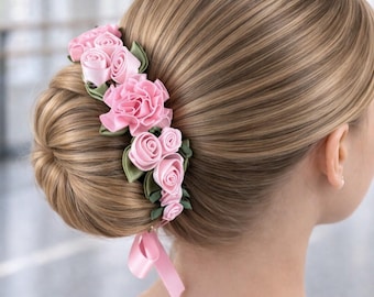 Pink Rose Bun Wrap Ballet Hairpiece, Flower Girl Hair Accessory, Dance Recital BunWrap