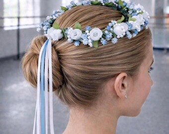 Blue and White Floral Hair Wreath: Professional Ballet Headpiece, Dance Competition Hairpiece