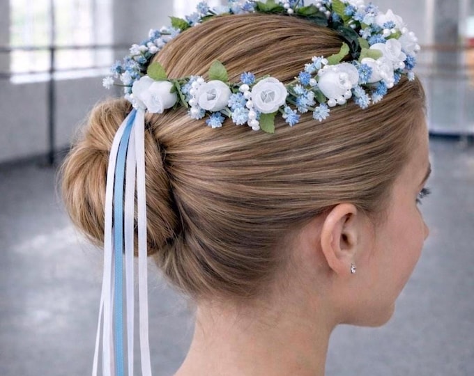 Blue and White Floral Hair Wreath: Professional Ballet Headpiece, Dance Competition Hairpiece