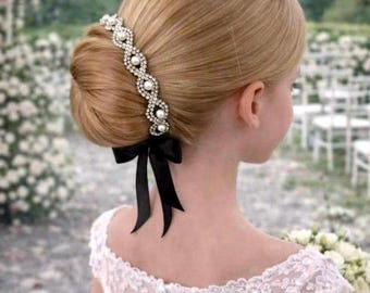 Bridal Pearl Rhinestone Hairpiece – Vintage Crystal Bride Hair Accessory, Wedding Bun Updo Wrap
