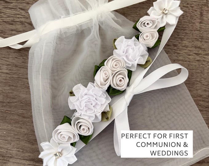 White Floral Hair Wreath for Bride or First Communion – Bridal Ballet BunWrap