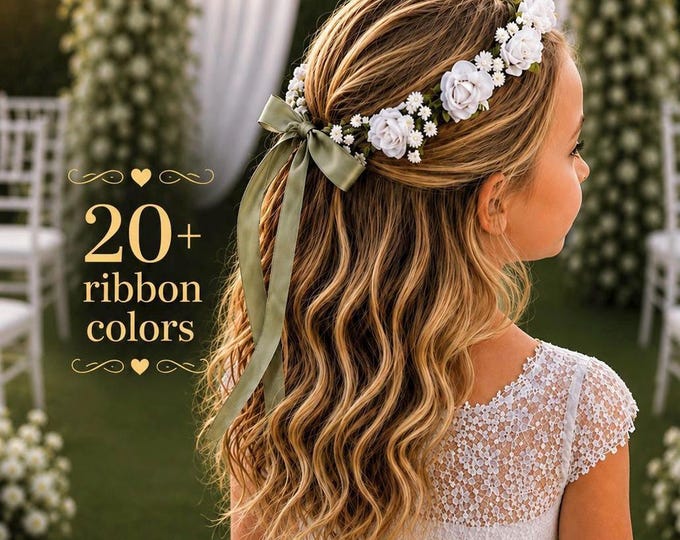 Custom Flower Girl Crown, White Floral Headband, first communion hair wreath, wedding headpiece