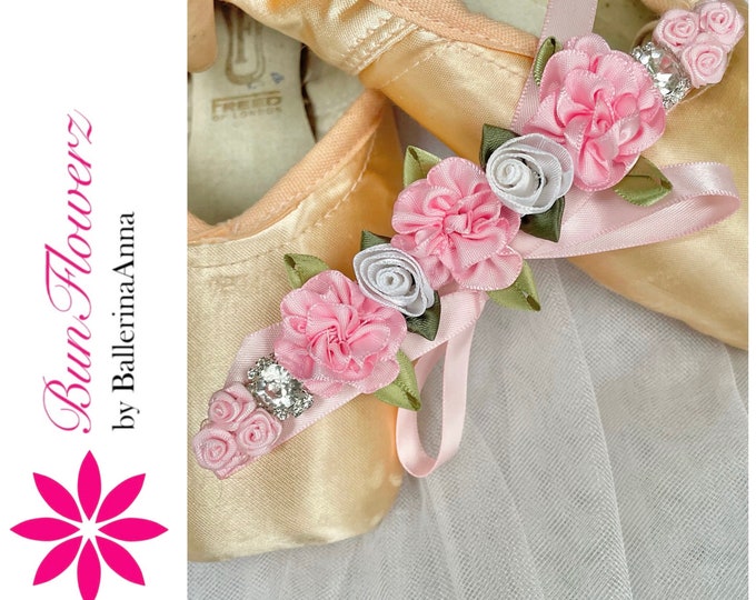 BunFlowerz Pink and White Jewel BunWreath (pink ballet wrap, pink bun wrap, pink floral hair garland, pink bunwrap, pink bun pin, unpin)