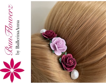 BunFlowerz Burgundy, Lilac & Pearl Mulberry Mixed BunPins Set (ballet bun pin, hair flower, bridal pins, hair garland, flower girl hair)