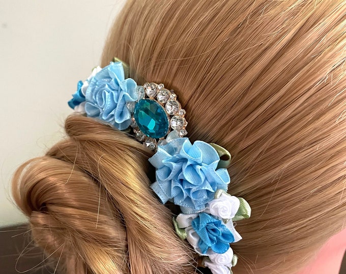 BunFlowerz Bluebird Jewel BunPin (ballet wrap, aquamarine bun pin, turquoise bunflower, turquoise floral hairpiece, hair garland, bun wrap)