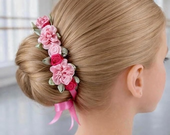 Pink Floral Rose BunWrap Collection: Dance HairPiece, Ballet Bun Flowers, Recital Hair Accessory