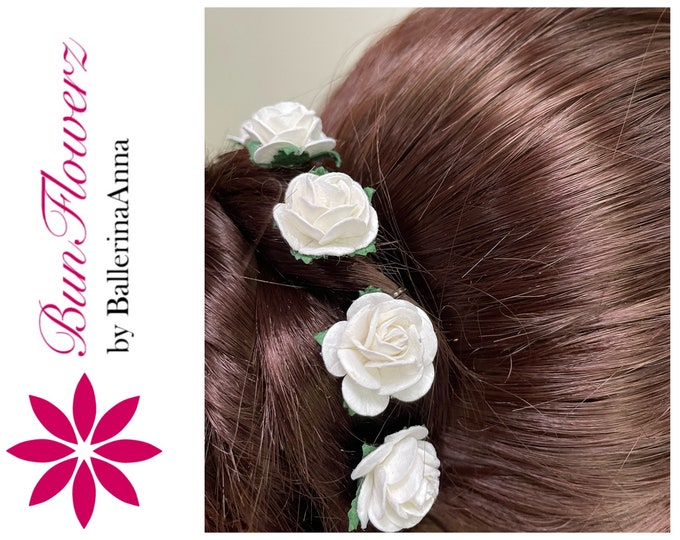BunFlowerz White Regular Mulberry BunPins (ballet bunpin, hair flower, bridal pins, bunflowers, hair garland, flower girl pin)