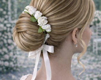 Flower Girl Bun Crown with Pearls, Communion Hair Accessory, floral hair wreath