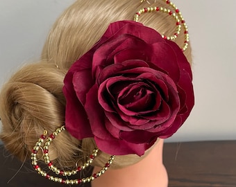 BunFlowerz Burgundy Paquita Ballet Headpiece (kitri dark red rose head piece, paquita hairpiece, Spanish ballet hairpiece, Laurencia flower)