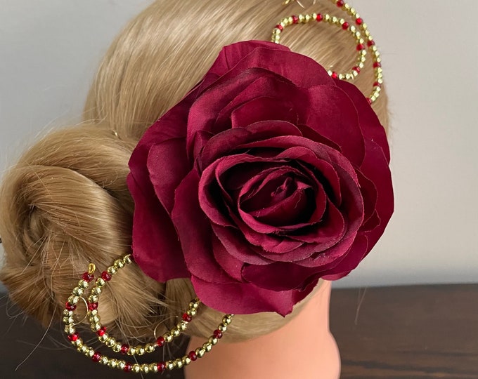 BunFlowerz Burgundy Paquita Ballet Headpiece (kitri dark red rose head piece, paquita hairpiece, Spanish ballet hairpiece, Laurencia flower)
