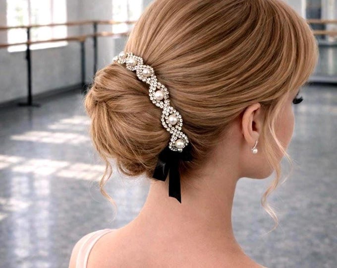 Pearl Rhinestone Ballet BunWrap – Classical Dance Hair Accessory – Competition Ballet Headpiece – Bun Crown