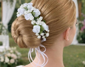 White Flower Bun Crown, Communion Hair Wreath, Flower Girl Headpiece