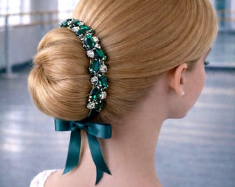 Green Rhinestone Bun Wrap: Esmerelda Ballet Hair Piece, Dance Recital Bunwrap
