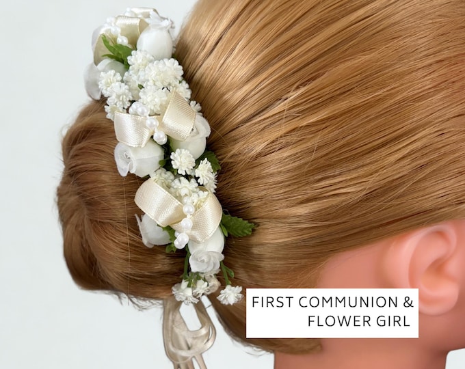 First Communion Ivory Flower Crown, Flower Girl Hair Wreath, Floral headpiece, Bridal bun wrap