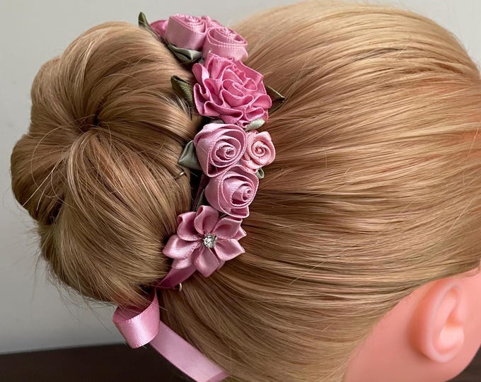 Mauve Floral Ballet BunWrap: Handmade Dusty Rose Hair Garland