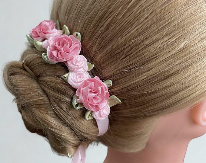 Pink Floral BunWreath: Pastel Satin Flower Hair Garland