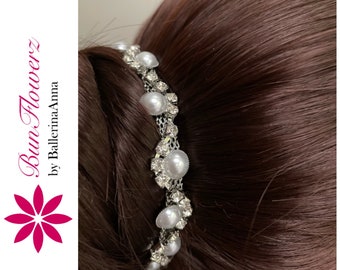 BunFlowerz Silver Pearl Rhinestone BunWrap (envoltura de ballet de joyas, guirnalda de pelo nupcial, corona de moño, postizo de novia, banda para la cabeza de pedrería)