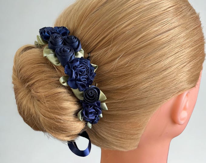 Navy Blue Floral Ballet Bun Wrap: Handmade Hair Garland